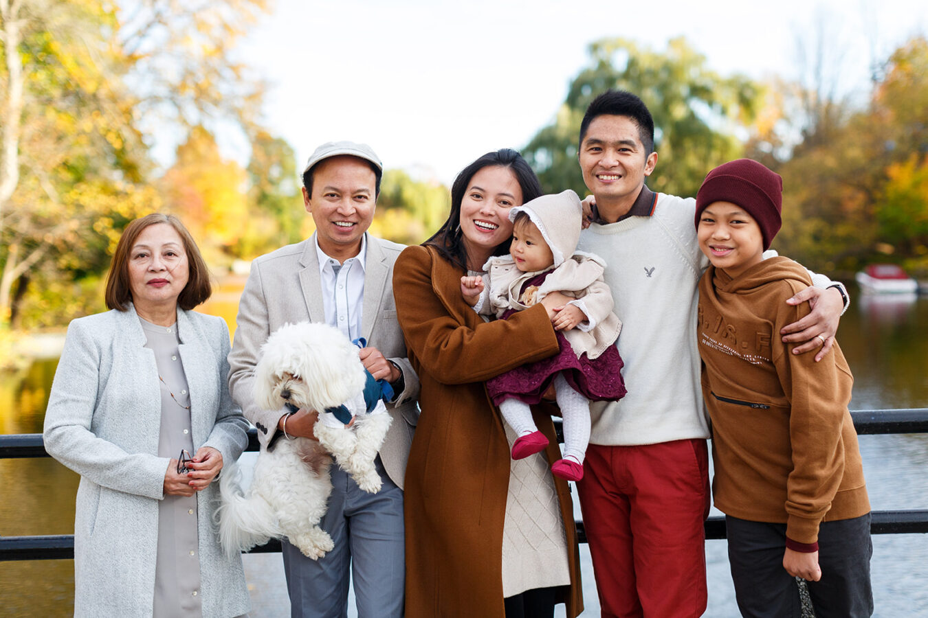 Extended family gathering at Watson Mill in fall